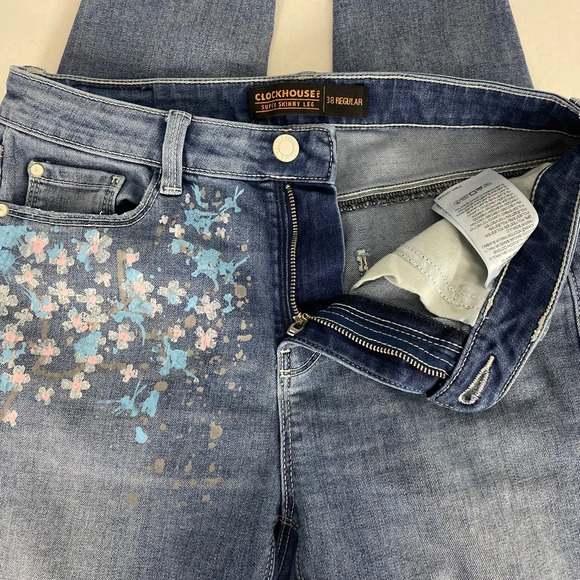 Clockhouse Super Skinny Jeans Distressed Faded Frayed Small Blue Painted Floral - Picture 5 of 14